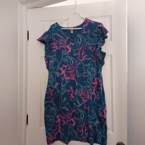 Chico's Women's Size 3(XL) Blue and Pink Floral Patterned Shift Dress